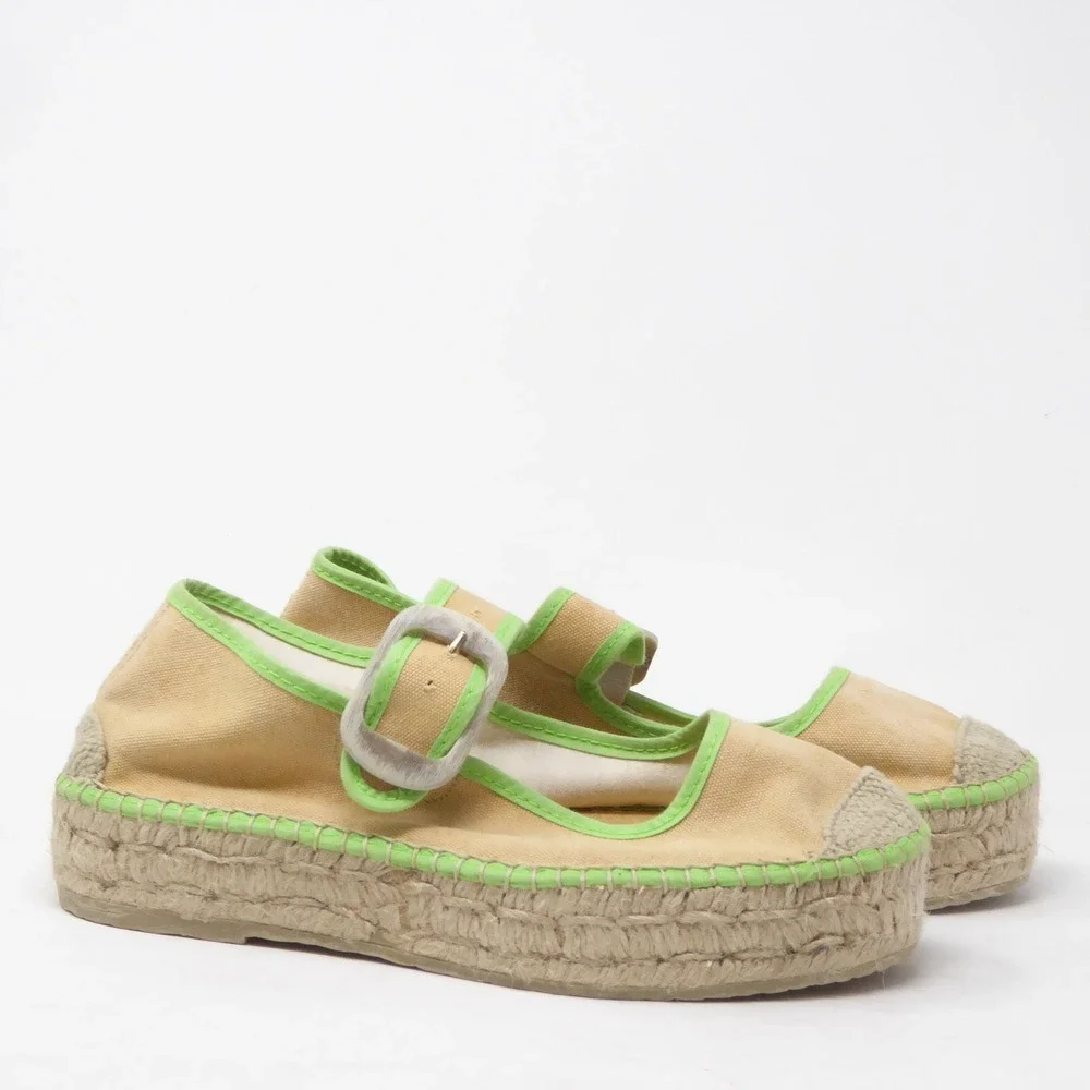 Free People Surfside 2.0 Espadrille Mary Jane Tan Green Buckle Platform 37 / 6.5